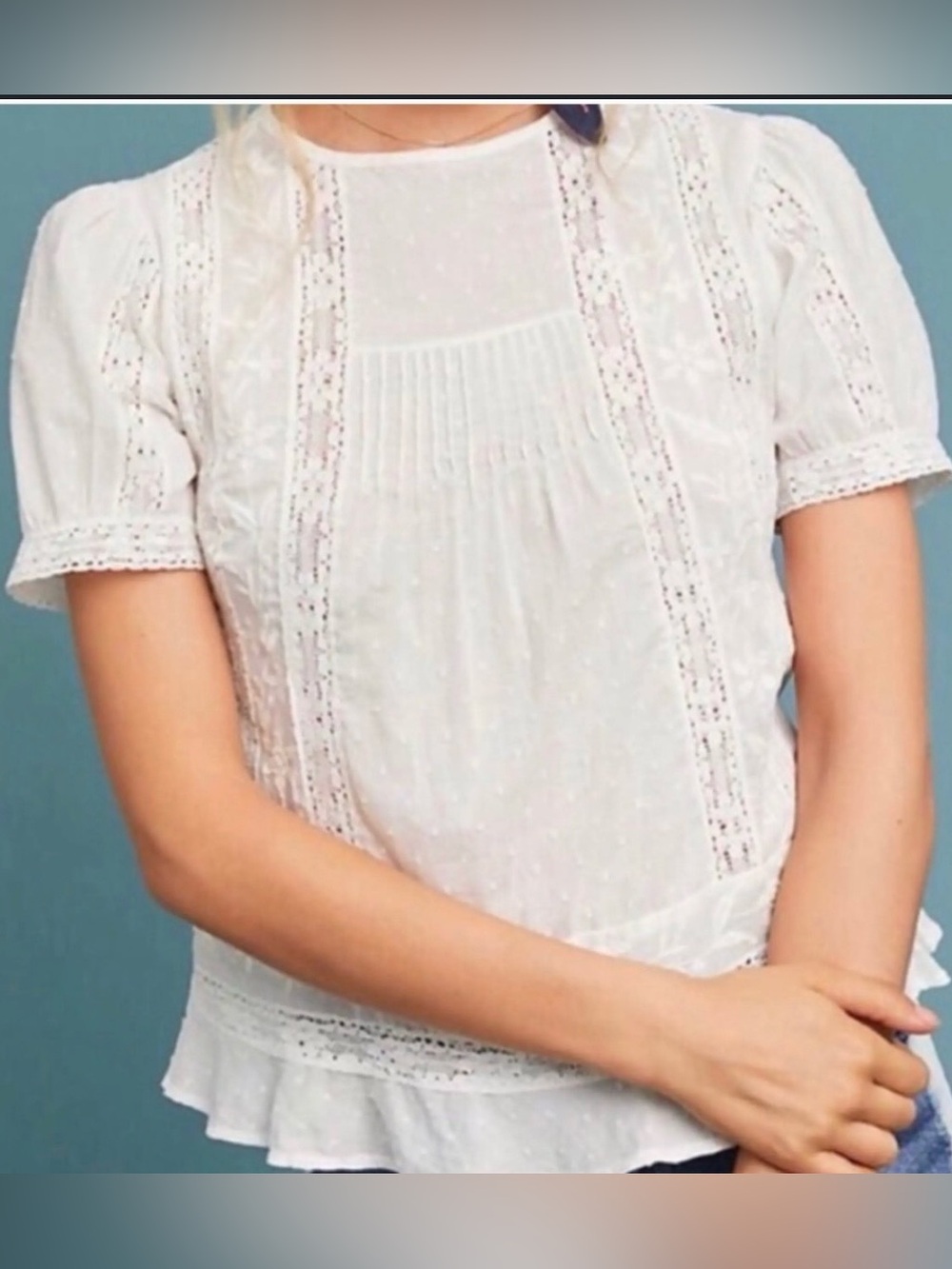 Meadow Rue by Anthropologie White eyelet Embroidered Peasant Top (B)